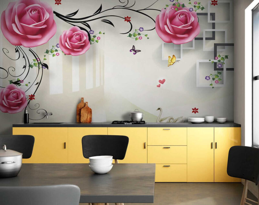 Papel de parede com rosas e pássaros