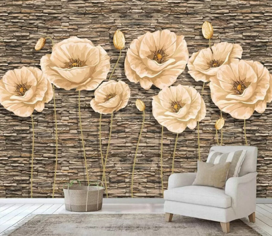 Grupo de flores num muro de tijolo