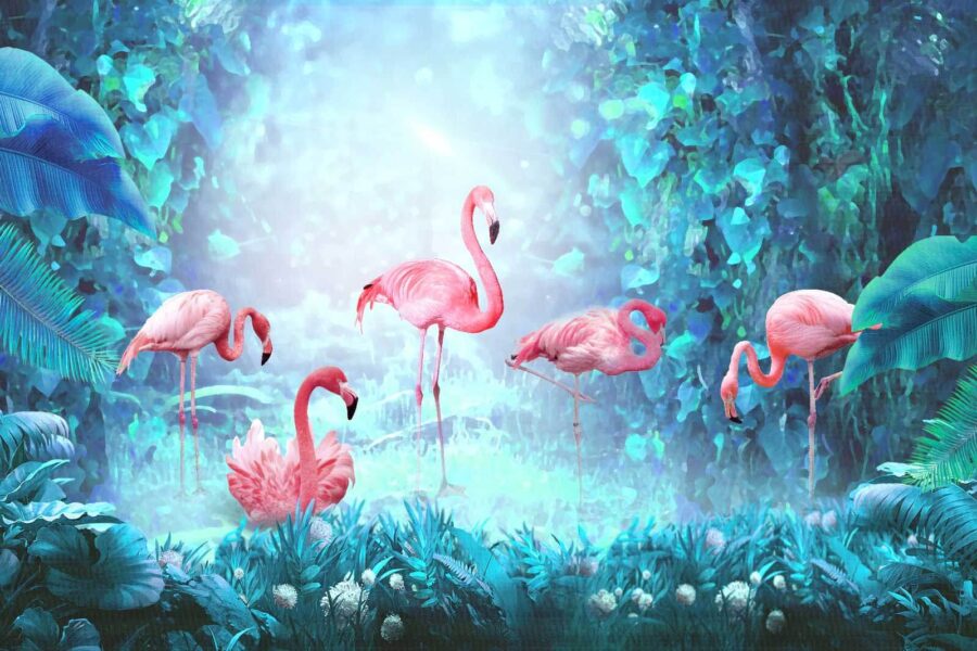 Grupo de flamingos cor-de-rosa numa floresta