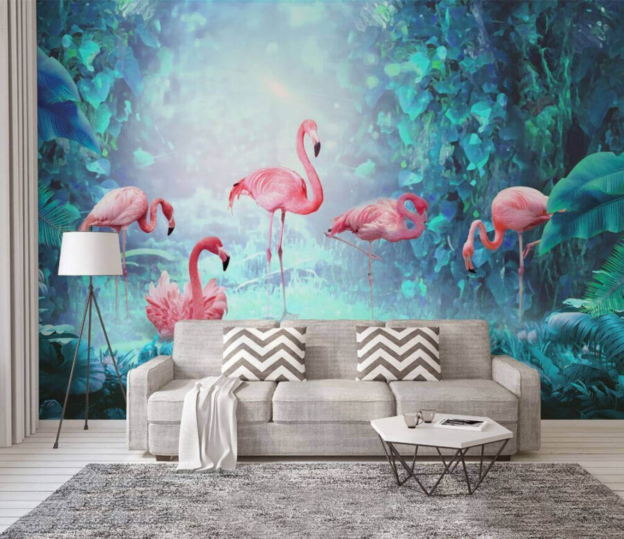 Grupo de flamingos cor-de-rosa numa floresta