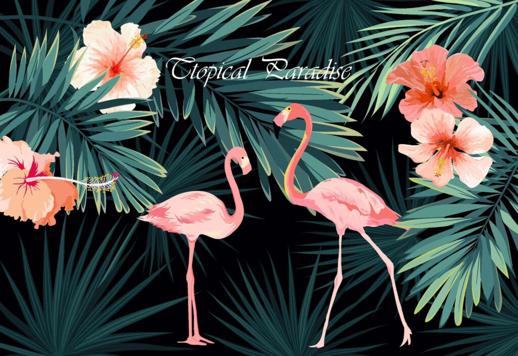 Um par de flamingos cor-de-rosa e flores Um par de flamingos cor-de-rosa e flores