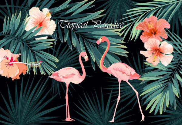 Um par de flamingos cor-de-rosa e flores Um par de flamingos cor-de-rosa e flores