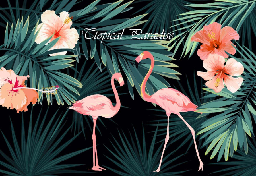 Um par de flamingos cor-de-rosa e flores