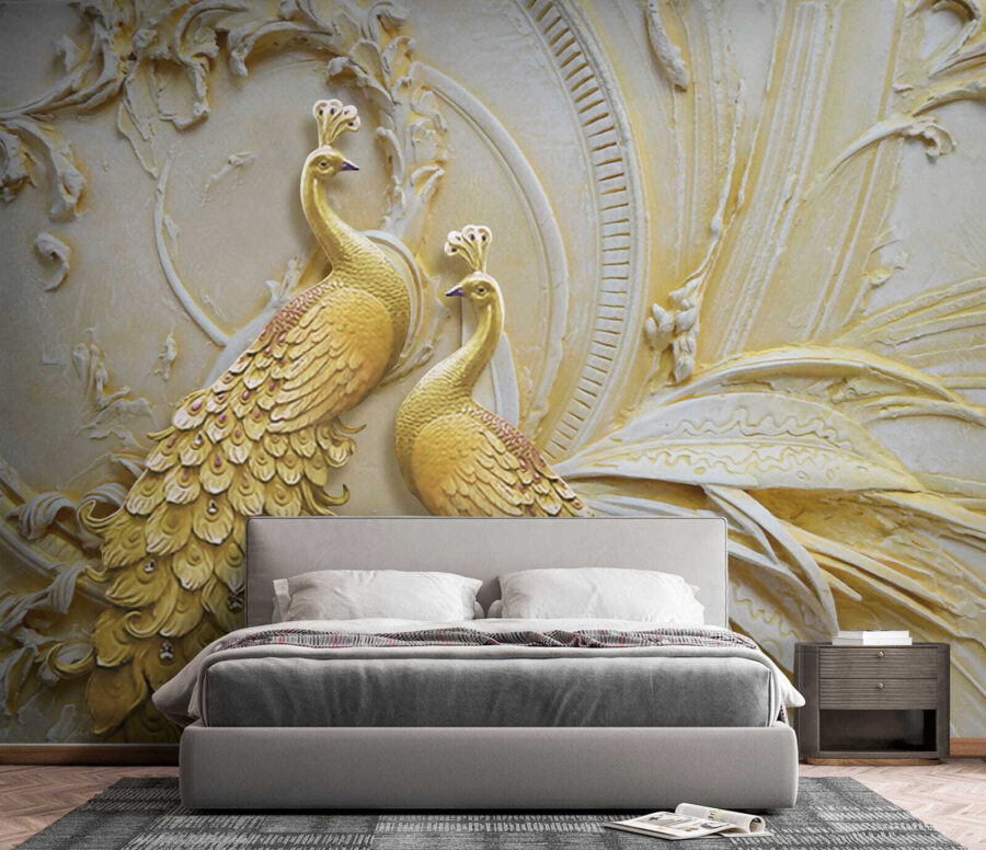 Pavões elegantes em relevo ornamentado