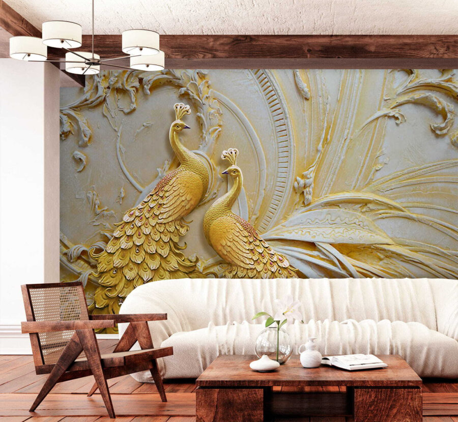 Pavões elegantes em relevo ornamentado