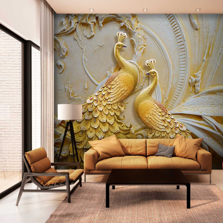 Pavões elegantes em relevo ornamentado