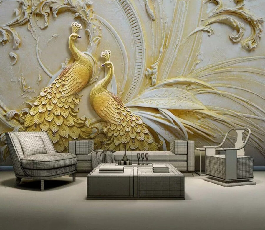 Pavões elegantes em relevo ornamentado