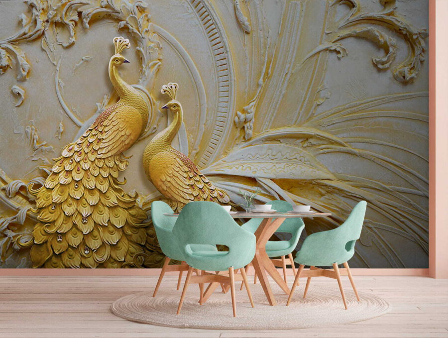 Pavões elegantes em relevo ornamentado