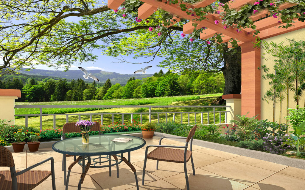 Pátio com uma mesa e cadeiras e vista para um campo verde Pátio com uma mesa e cadeiras e vista para um campo verde