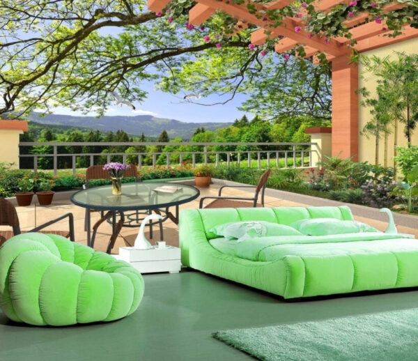 Pátio com uma mesa e cadeiras e vista para um campo verde Pátio com uma mesa e cadeiras e vista para um campo verde