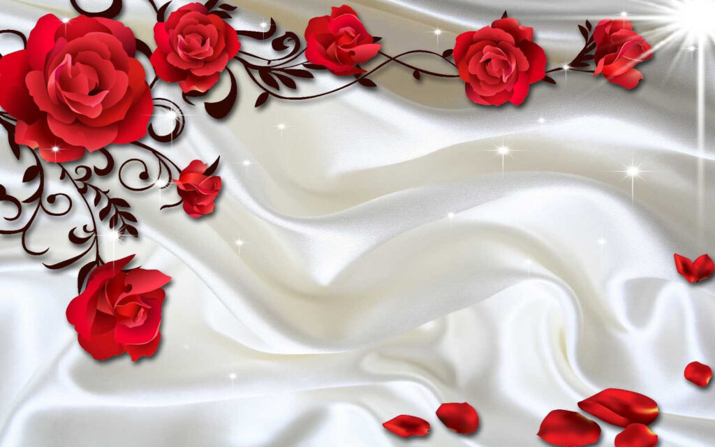 Cetim branco com rosas vermelhas e pétalas Cetim branco com rosas vermelhas e pétalas
