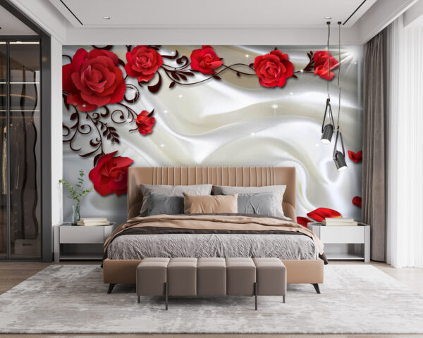 Cetim branco com rosas vermelhas e pétalas Cetim branco com rosas vermelhas e pétalas