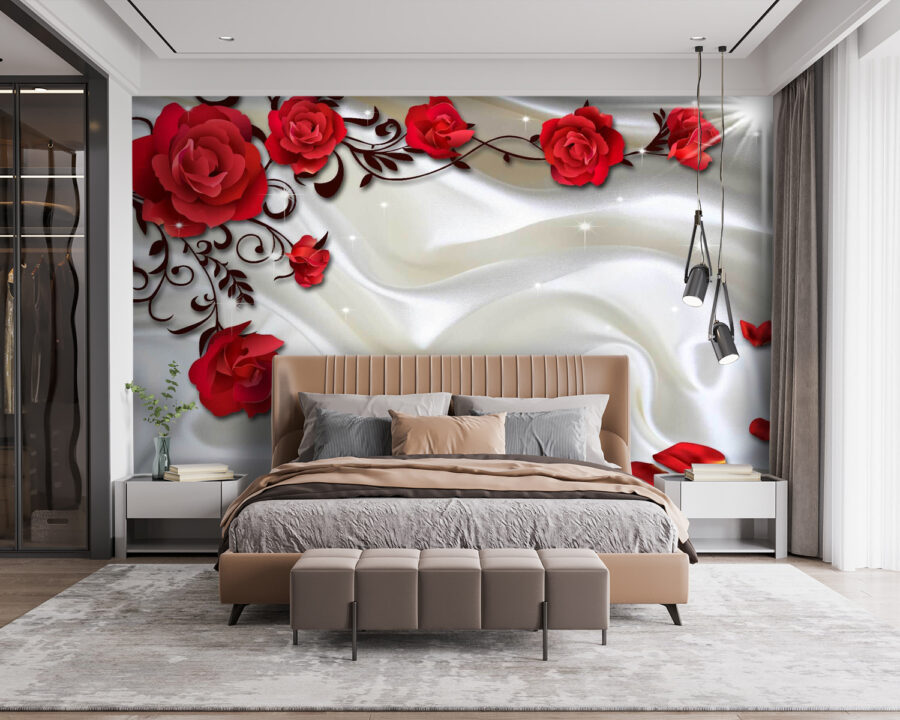 Cetim branco com rosas vermelhas e pétalas