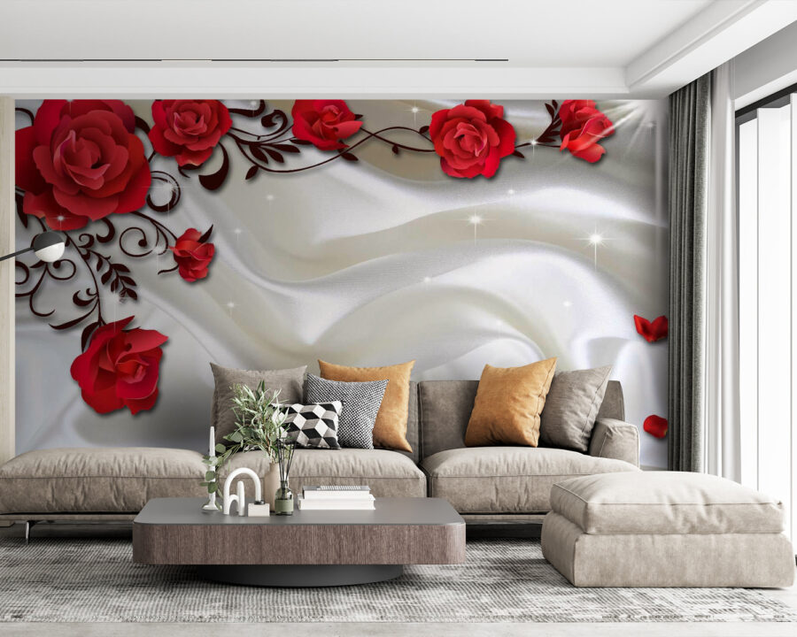 Cetim branco com rosas vermelhas e pétalas