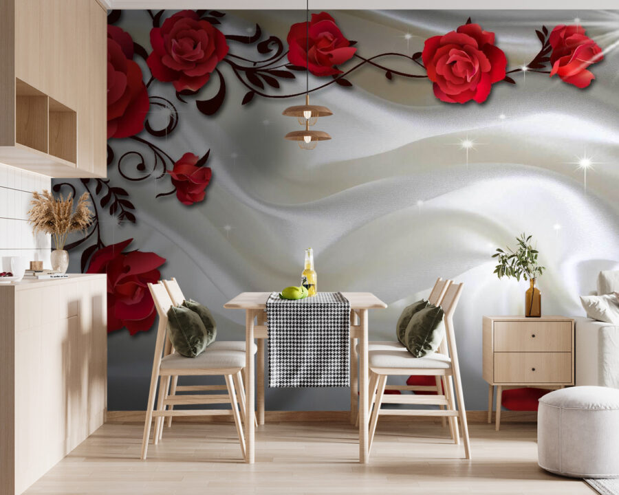Cetim branco com rosas vermelhas e pétalas