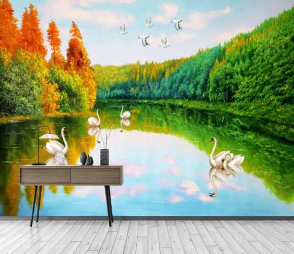 Papel de parede Pintura de cisnes num lago (REF: u45771) Papel de parede Papel de parede Pintura de cisnes num lago (REF: u45771)