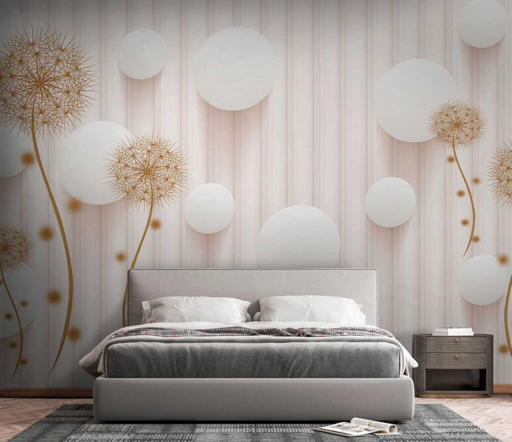 White circles and dandelions on a white background White circles and dandelions on a white background