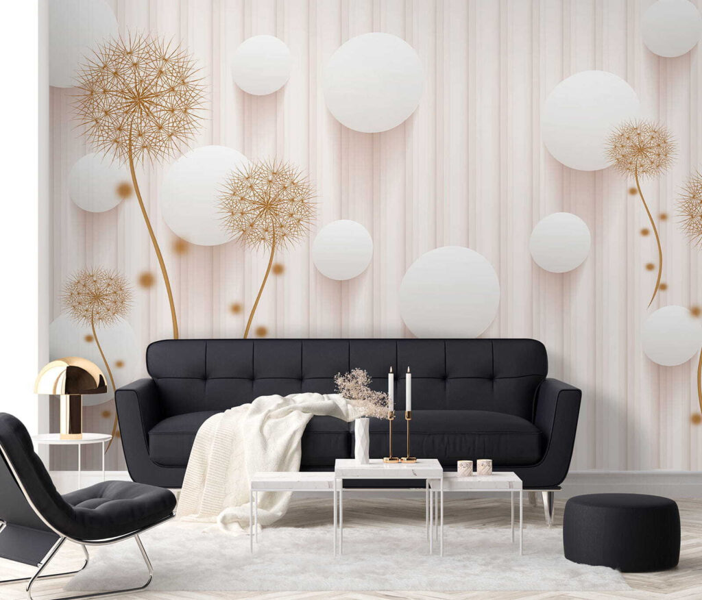 White circles and dandelions on a white background White circles and dandelions on a white background