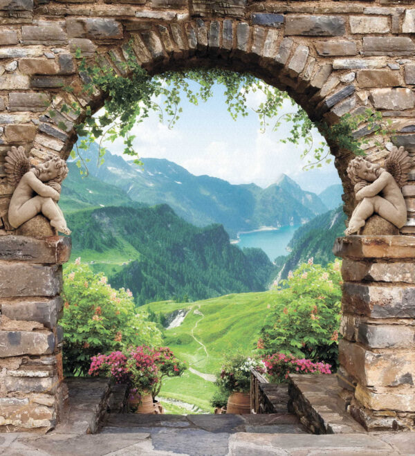 Arco de pedra com estátuas de pedra e vista para um vale e montanhas Arco de pedra com estátuas de pedra e vista para um vale e montanhas
