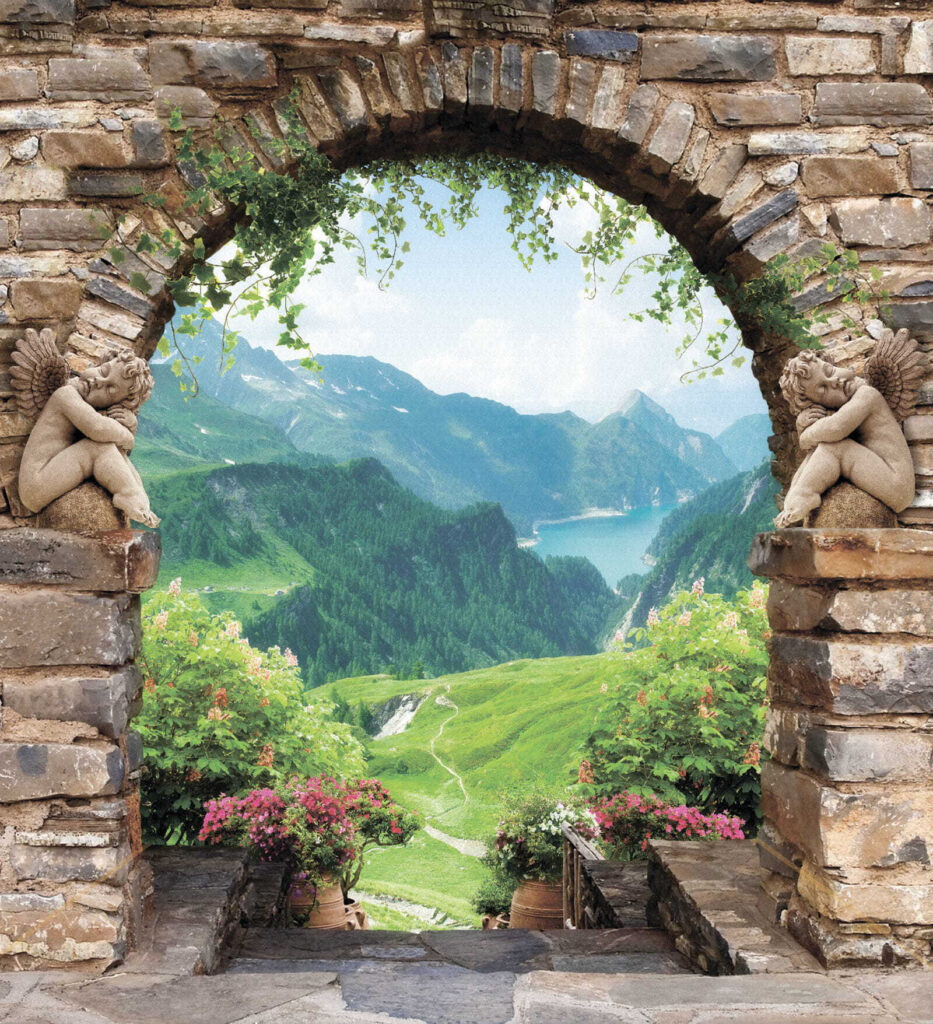 Arco de pedra com estátuas de pedra e vista para um vale e montanhas Arco de pedra com estátuas de pedra e vista para um vale e montanhas