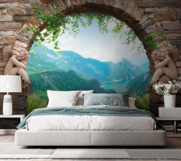 Arco de pedra com estátuas de pedra e vista para um vale e montanhas Arco de pedra com estátuas de pedra e vista para um vale e montanhas