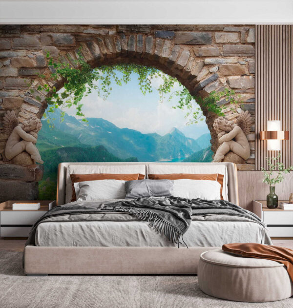 Arco de pedra com estátuas de pedra e vista para um vale e montanhas Arco de pedra com estátuas de pedra e vista para um vale e montanhas
