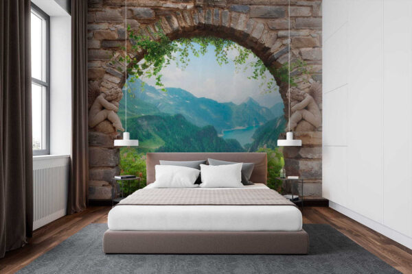 Arco de pedra com estátuas de pedra e vista para um vale e montanhas Arco de pedra com estátuas de pedra e vista para um vale e montanhas