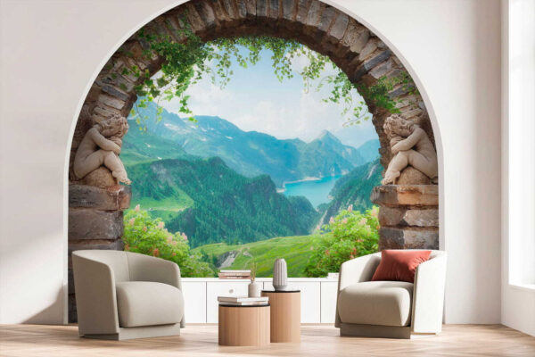 Arco de pedra com estátuas de pedra e vista para um vale e montanhas Arco de pedra com estátuas de pedra e vista para um vale e montanhas