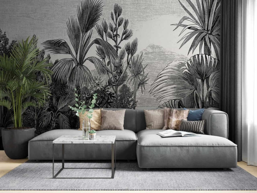 Desenho a preto e branco de uma floresta tropical