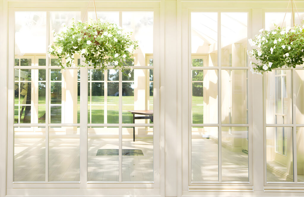 White patio door with glass windows and a potted plant from it White patio door with glass windows and a potted plant from it