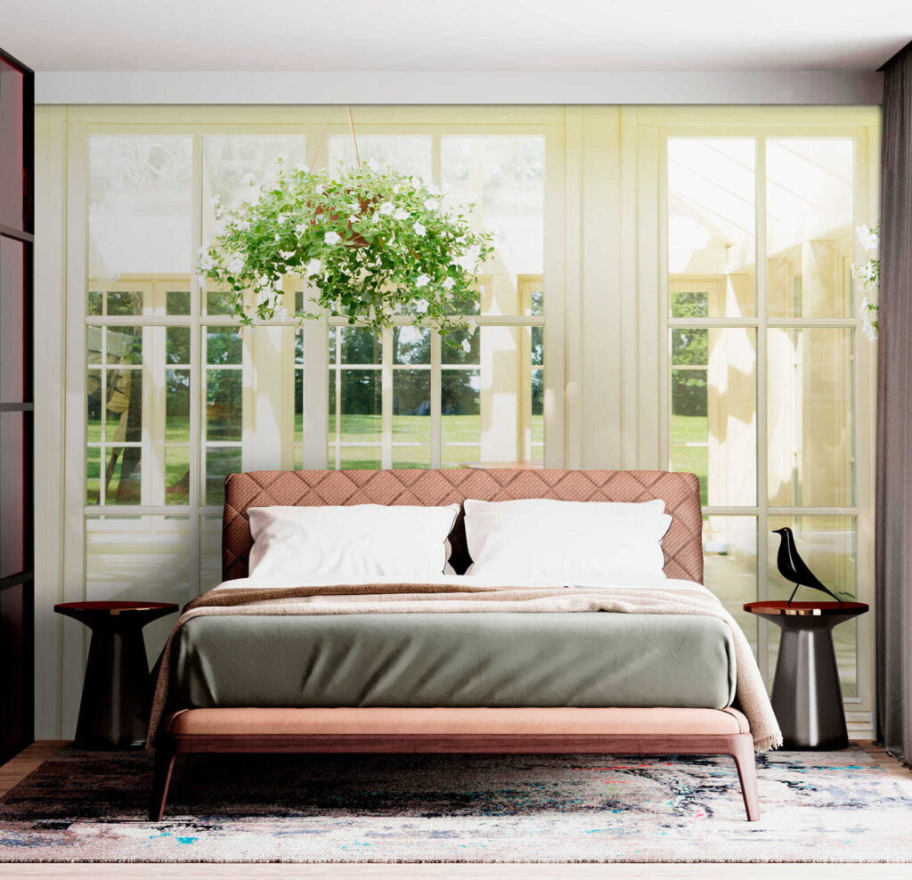 White patio door with glass windows and a potted plant from it White patio door with glass windows and a potted plant from it