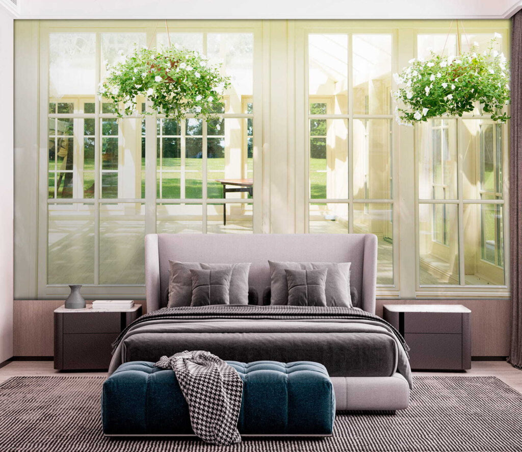 White patio door with glass windows and a potted plant from it White patio door with glass windows and a potted plant from it