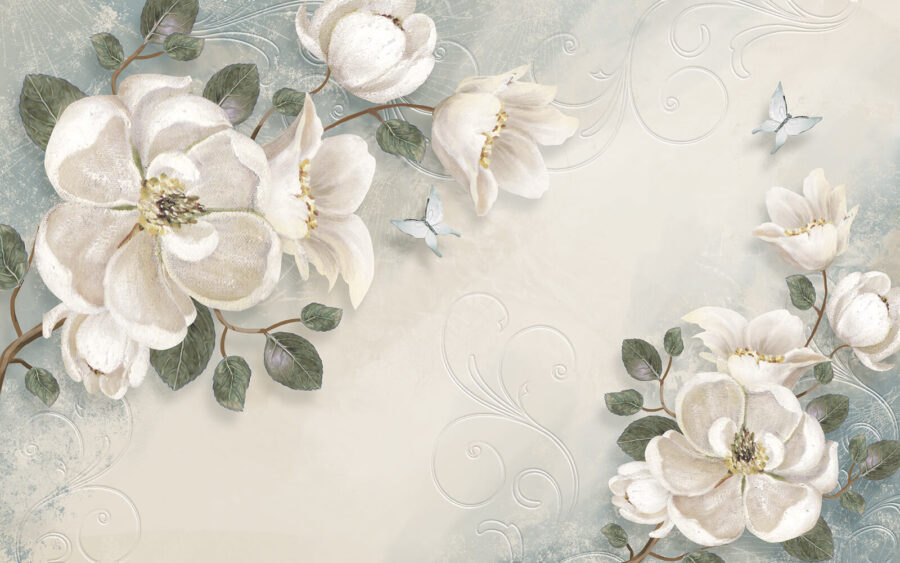 Flores e folhas brancas sobre um fundo branco