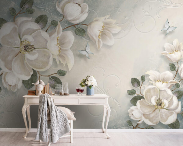 Flores e folhas brancas sobre um fundo branco Flores e folhas brancas sobre um fundo branco