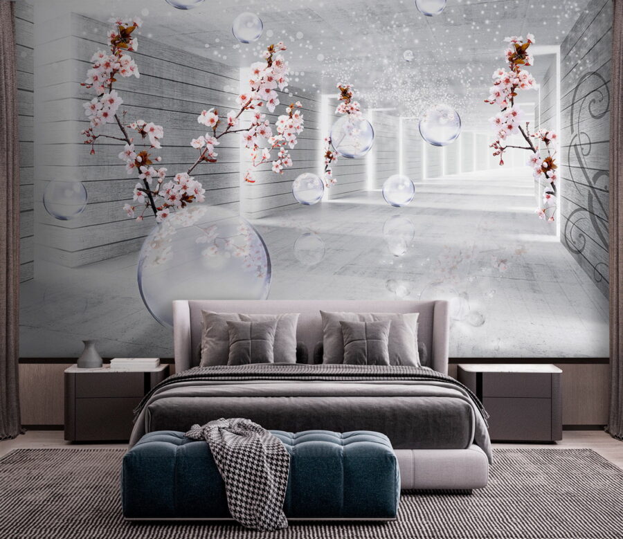 Quarto branco com flores e bolhas Quarto branco com flores e bolhas