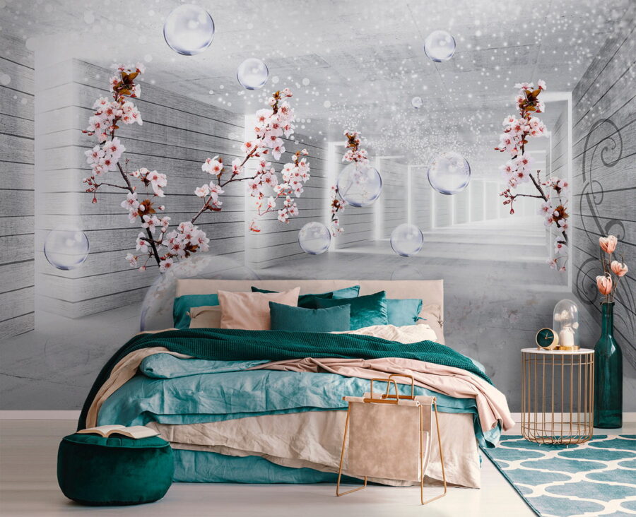 Quarto branco com flores e bolhas Quarto branco com flores e bolhas