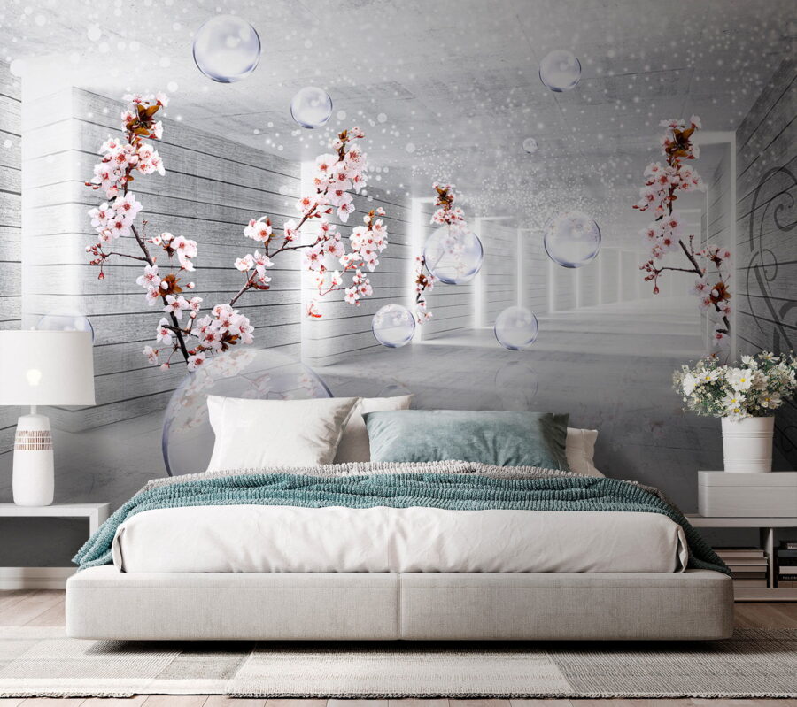 Quarto branco com flores e bolhas Quarto branco com flores e bolhas