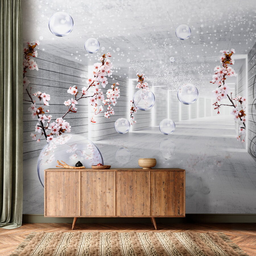 Quarto branco com flores e bolhas Quarto branco com flores e bolhas