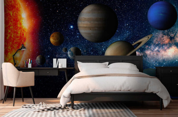 Planetas no espaço com estrelas e uma estrela brilhante Planetas no espaço com estrelas e uma estrela brilhante