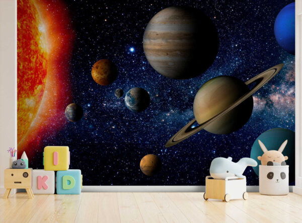 Planetas no espaço com estrelas e uma estrela brilhante Planetas no espaço com estrelas e uma estrela brilhante