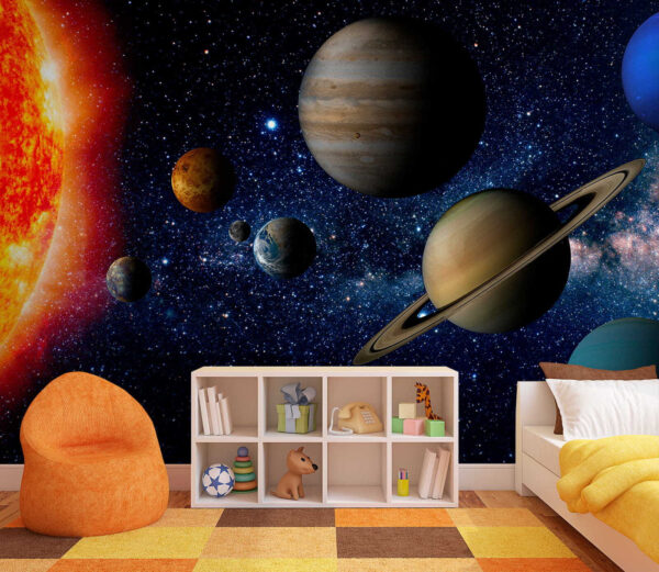 Planetas no espaço com estrelas e uma estrela brilhante Planetas no espaço com estrelas e uma estrela brilhante