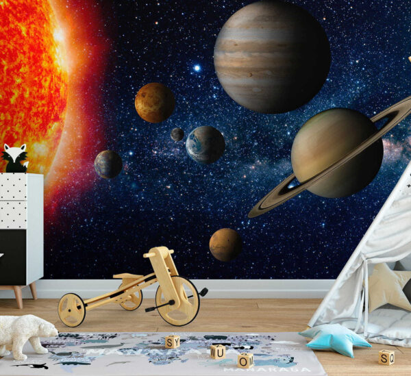 Planetas no espaço com estrelas e uma estrela brilhante Planetas no espaço com estrelas e uma estrela brilhante