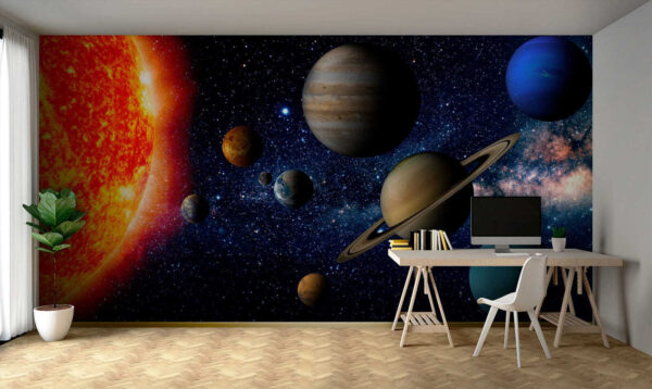 Planetas no espaço com estrelas e uma estrela brilhante Planetas no espaço com estrelas e uma estrela brilhante