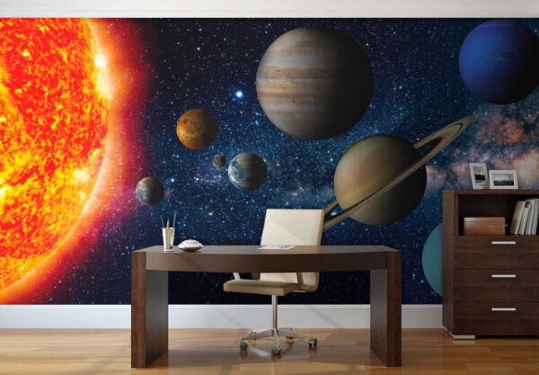 Planetas no espaço com estrelas e uma estrela brilhante Planetas no espaço com estrelas e uma estrela brilhante