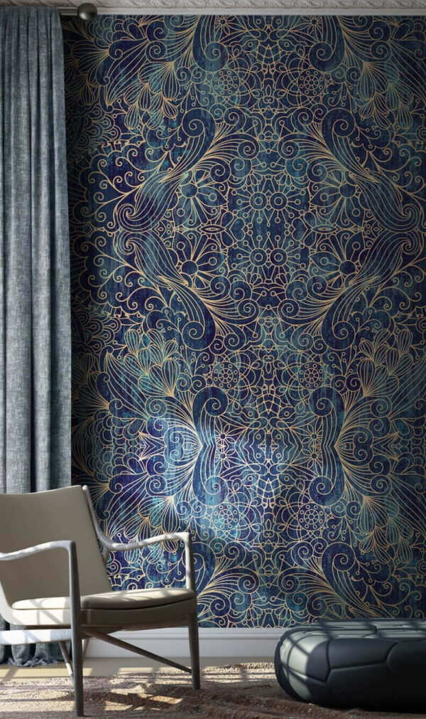 Desenho floral simétrico em azul intrincado. Desenho floral simétrico em azul intrincado.