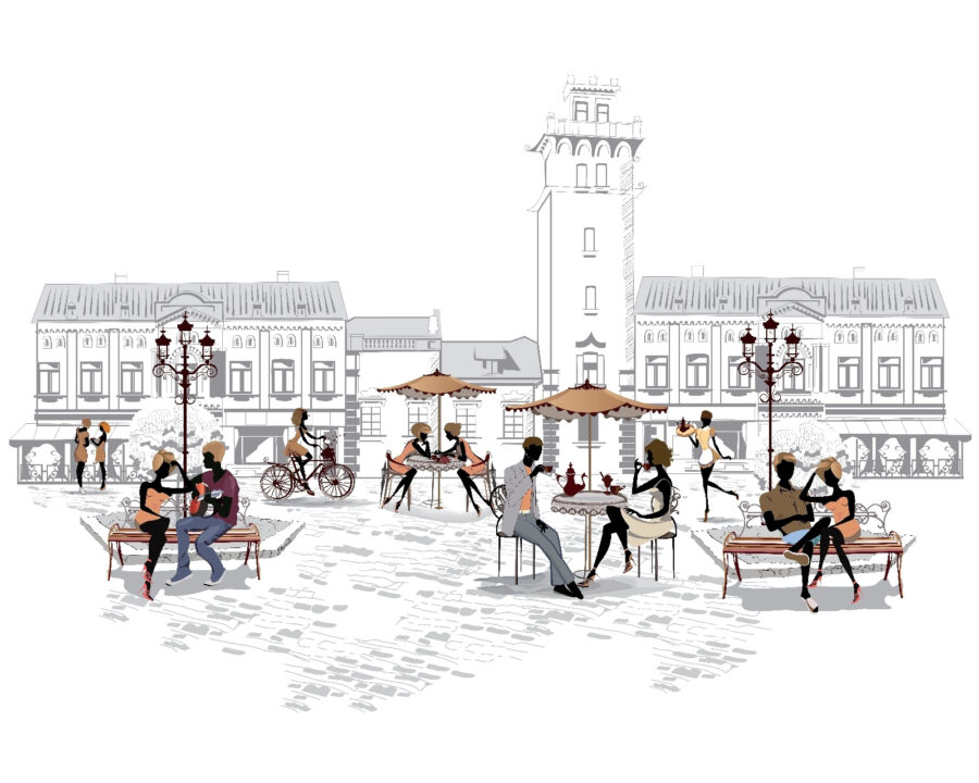 Papel de parede Grupo de pessoas sentadas em bancos numa cidade - Image 3