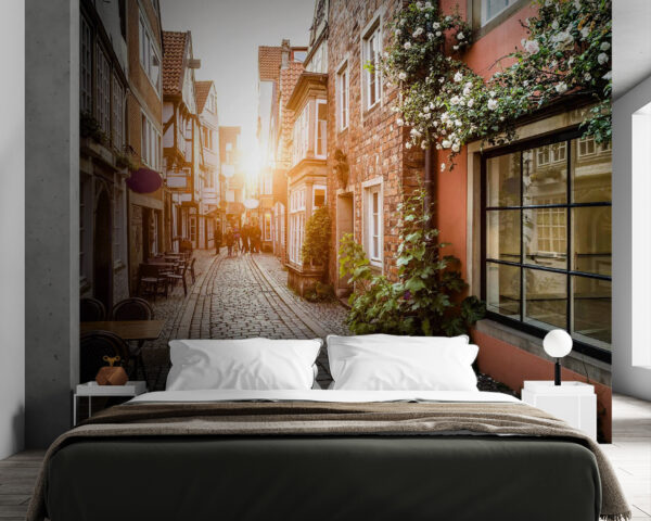 Rua com edifícios e mesas e cadeiras Rua com edifícios e mesas e cadeiras