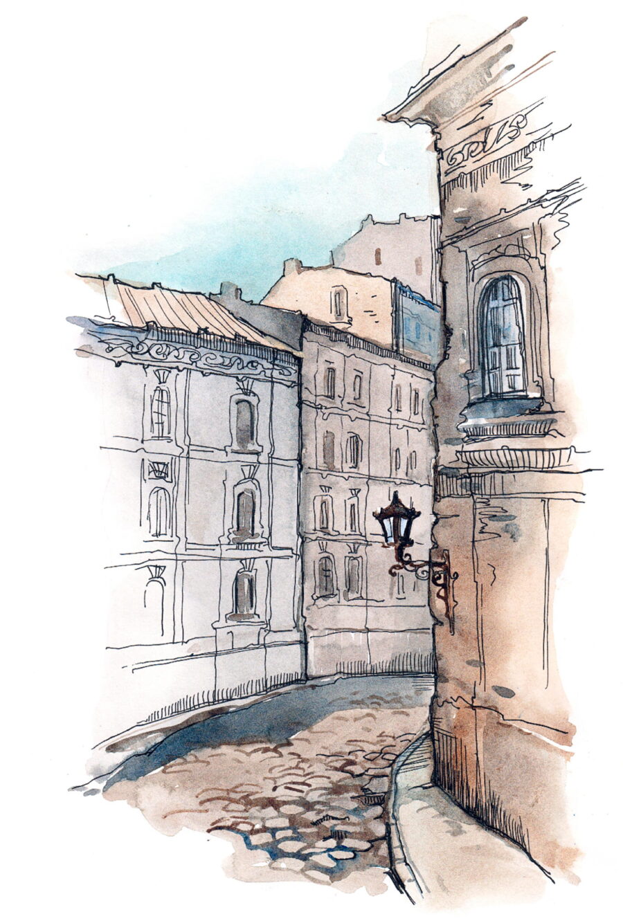 Desenho de uma rua com edifícios