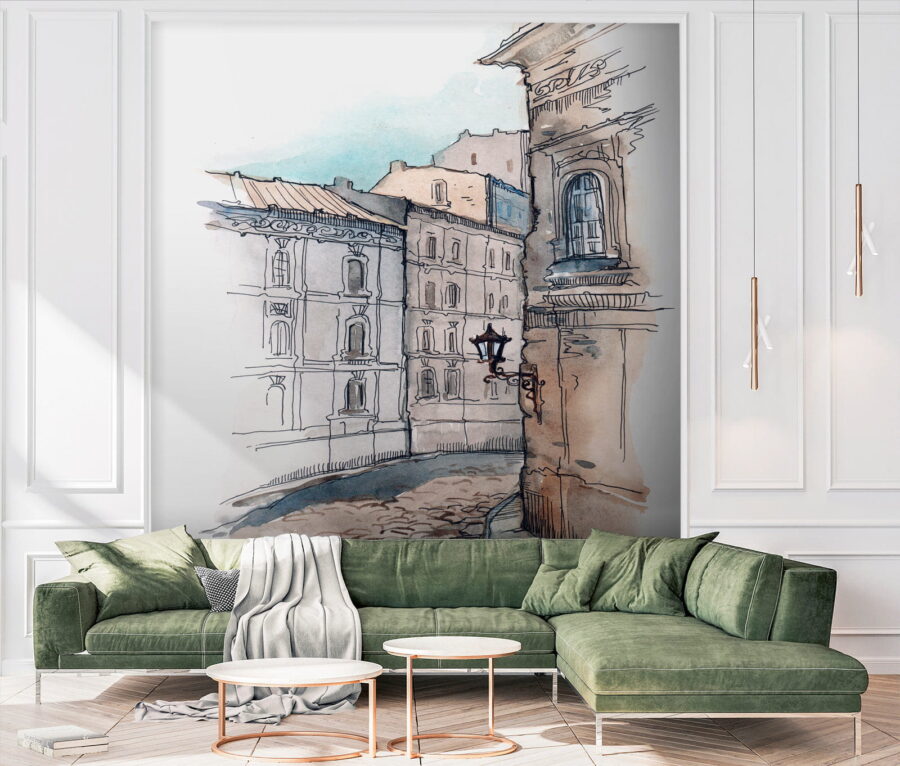 Desenho de uma rua com edifícios
