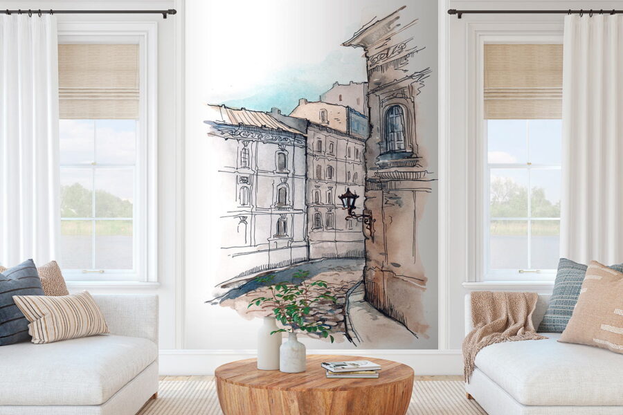 Desenho de uma rua com edifícios